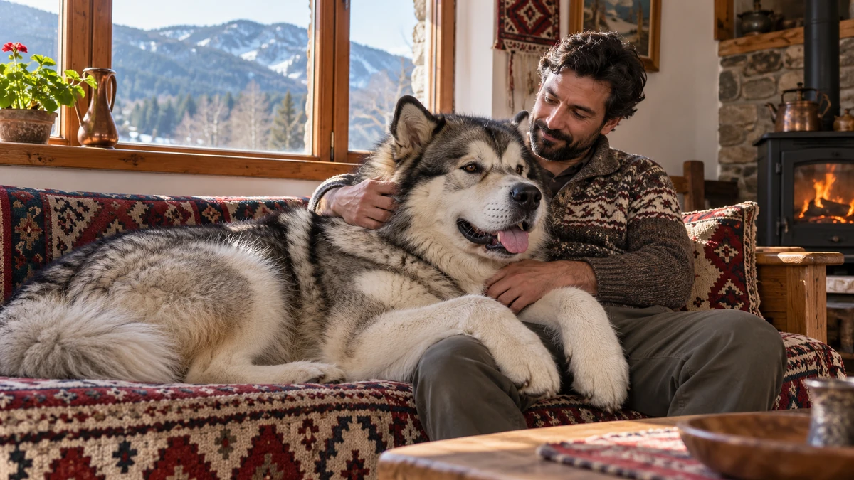 Alaska Kurdu köpek — sahibinin kucağında