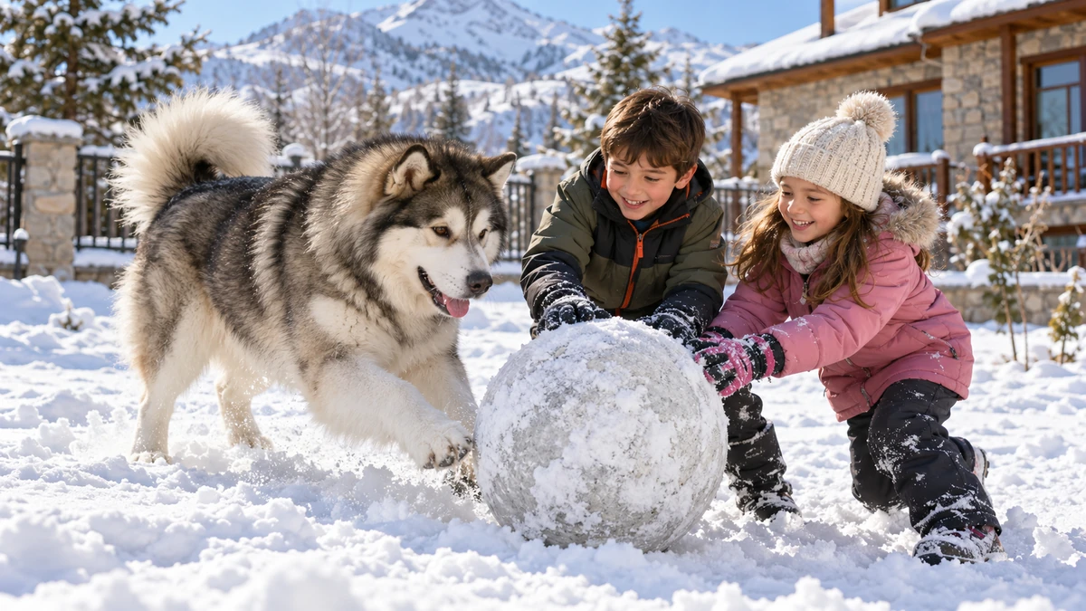 Alaska Kurdu köpek — çocuklarla oyun