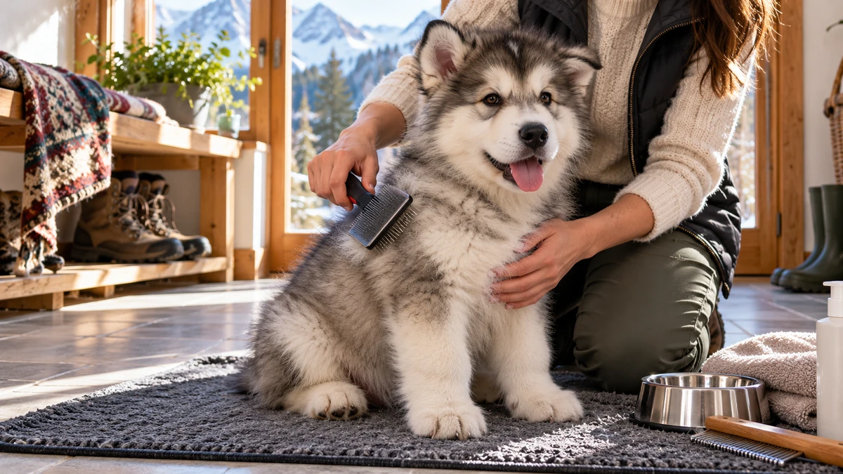 Alaska Kurdu yavru köpek — tüy bakımı ve fırçalama